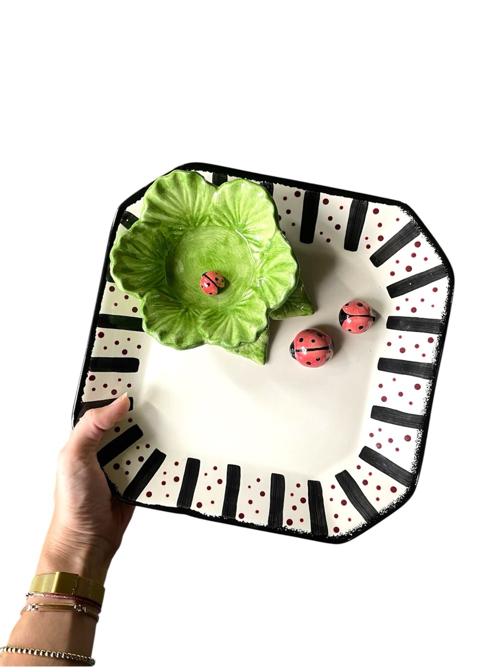 Hand-Painted Black & White Stripe Square Serving Platter with Green Leaf Bowl